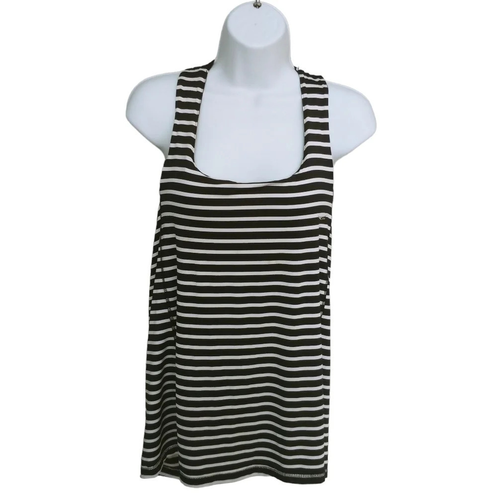 ACX  Athleisure Workout Wear Tank Top Black White Stripes Criss Cross Back M
